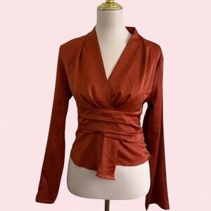 NWT Commense Rust Satin Wrap Top with Bell Sleeves — Size L